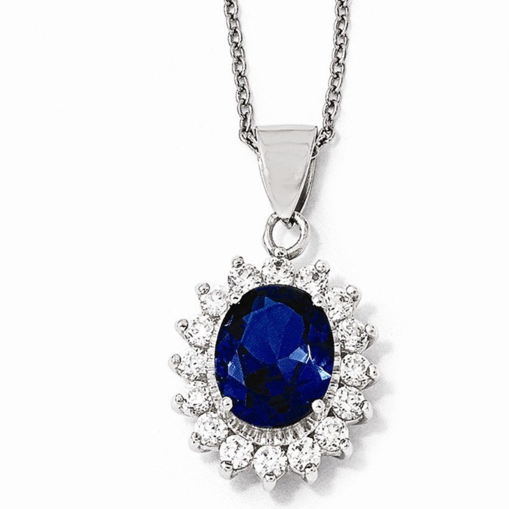 925 Sterling Silver  Cubic Zirconia Simulated Blue Spinel Necklace